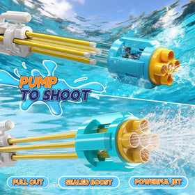 BLmukce water gun demonstrating up to 50 feet long-range spray for outdoor battles.