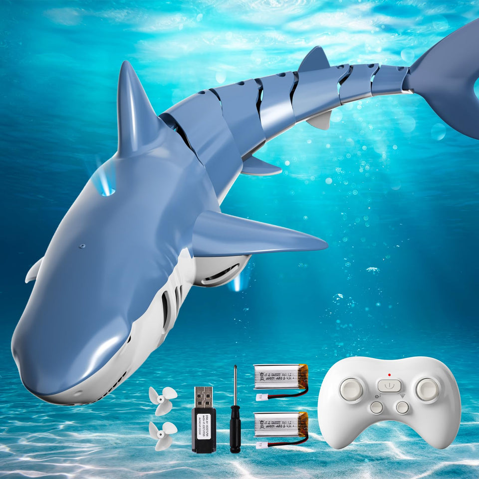 BLmukce RC shark toy in pool showing durable design for safe water play