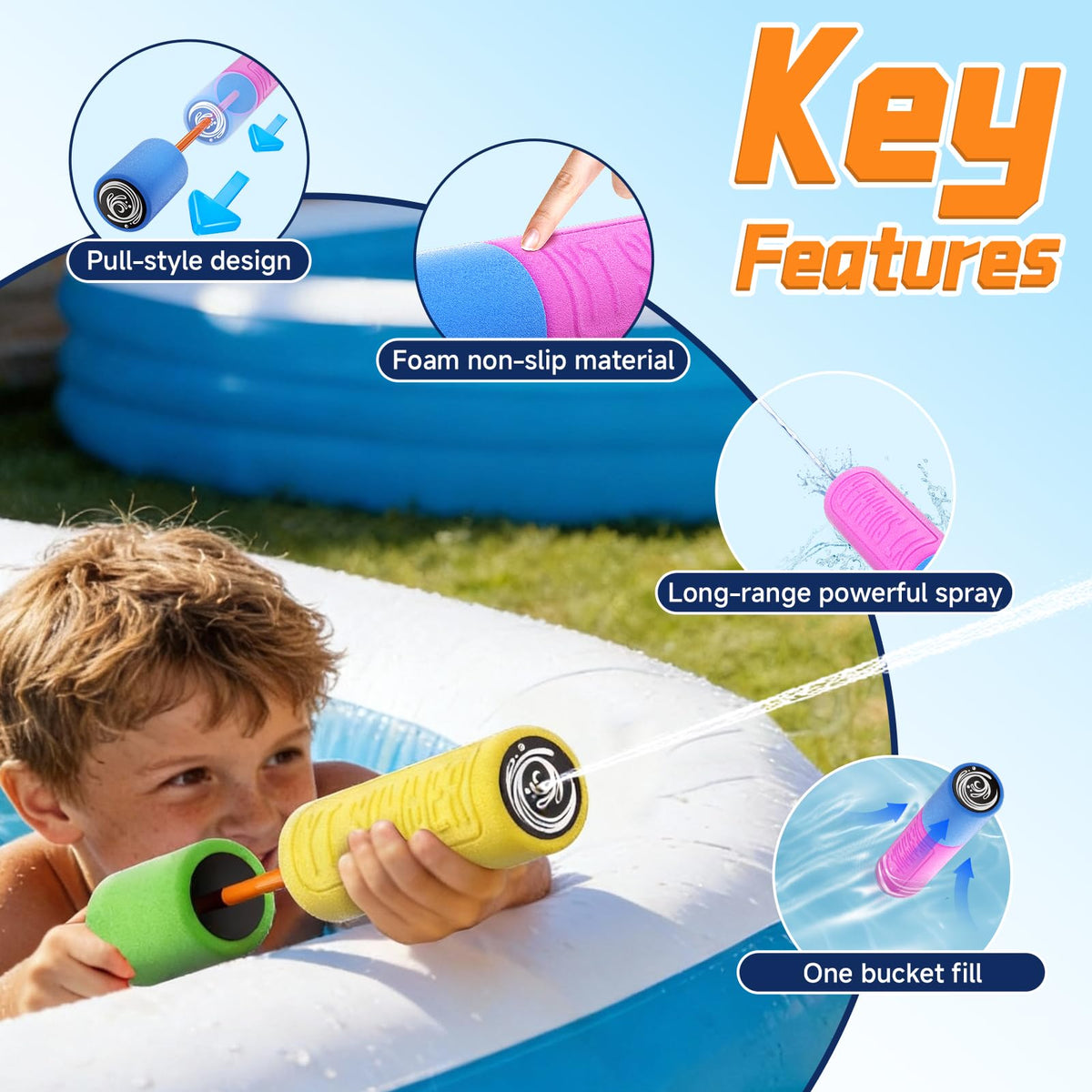 BLmukce water gun quick-fill design for fast pool play and less refilling.