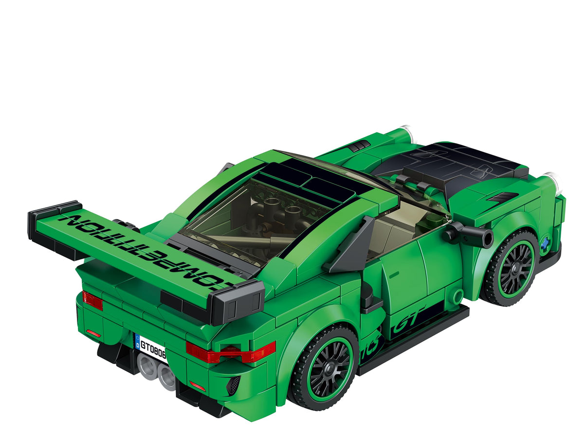 Block Builder Green Porsche 911 detailed assembly demonstrating brick compatibility