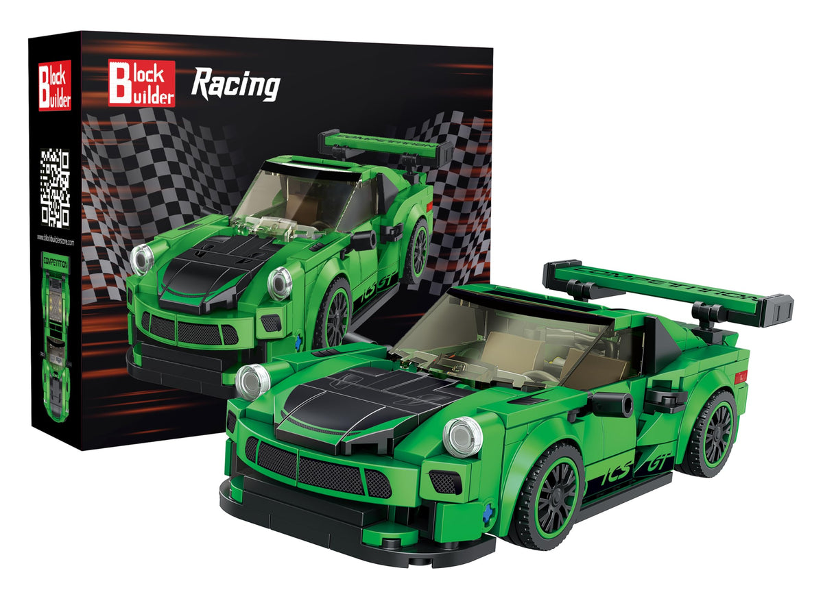 Block Builder Green Porsche 911 front view showing steering wheel and details for engaging play