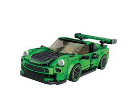Block Builder Green Porsche 911 rear wing highlighting aerodynamic styling for display