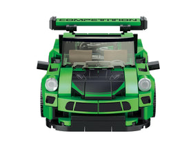 Block Builder Green Porsche 911 side profile displaying proportions for display-ready model