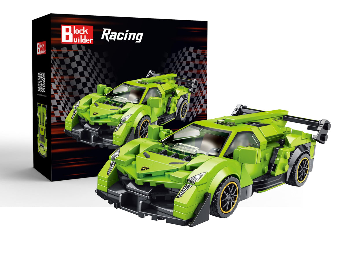Block Builder Lambo racing car front view highlights authentic styling for imaginative play.