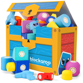 Blockaroo magnetic foam bath blocks with storage trunk for tidy, imaginative play.