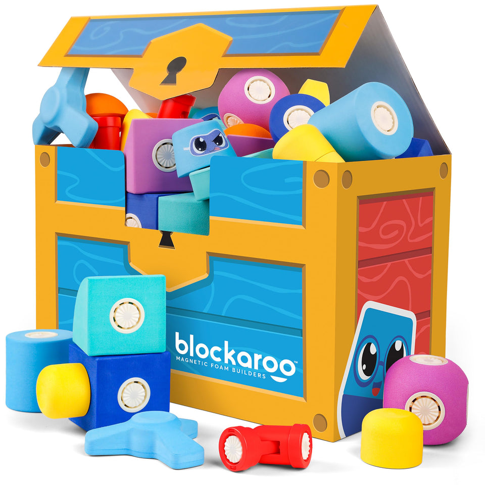 Blockaroo magnetic foam bath blocks with storage trunk for tidy, imaginative play.