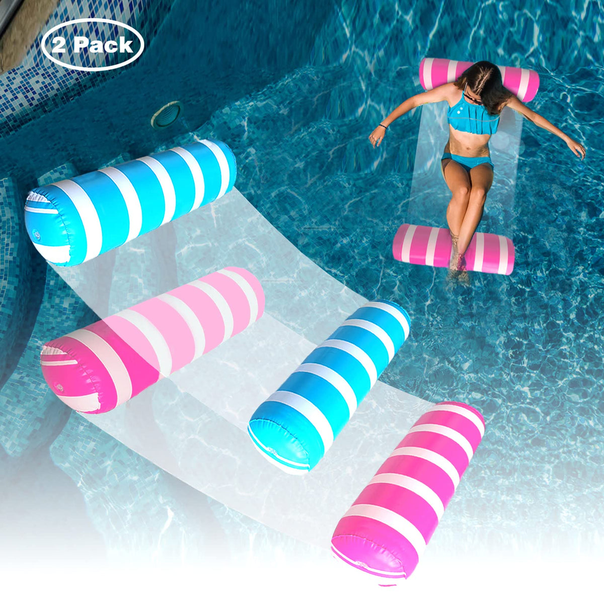 BLOFUN water lounger folder on water in blue and white for relaxing with friends.