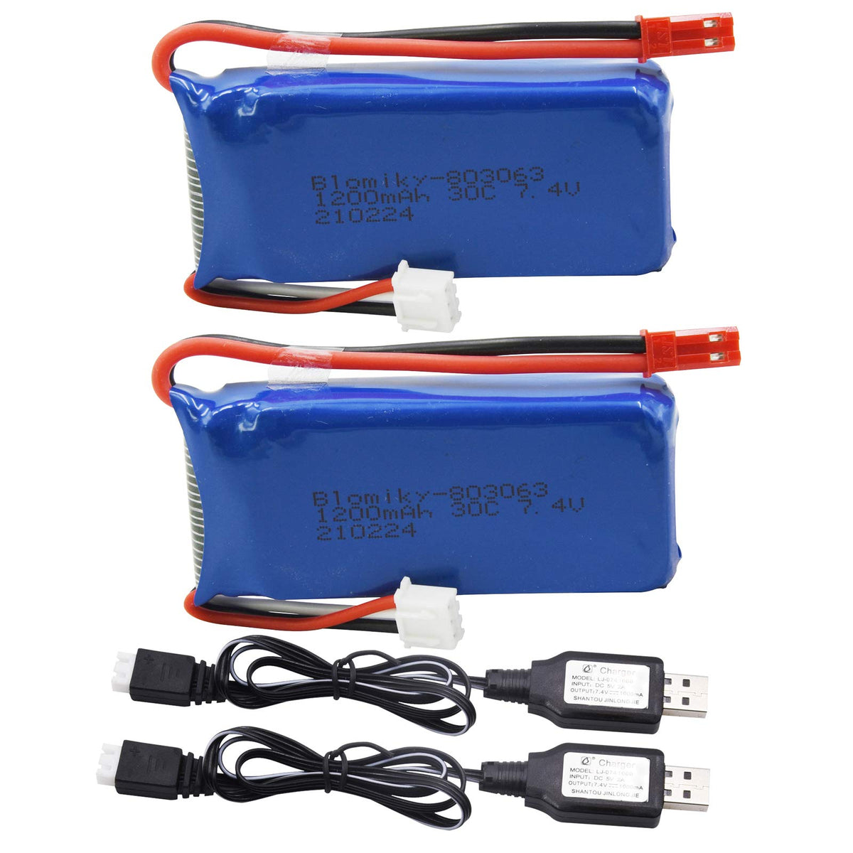 Blomiky 2-pack 7.4V 1200mAh battery for RC trucks provides dependable power.