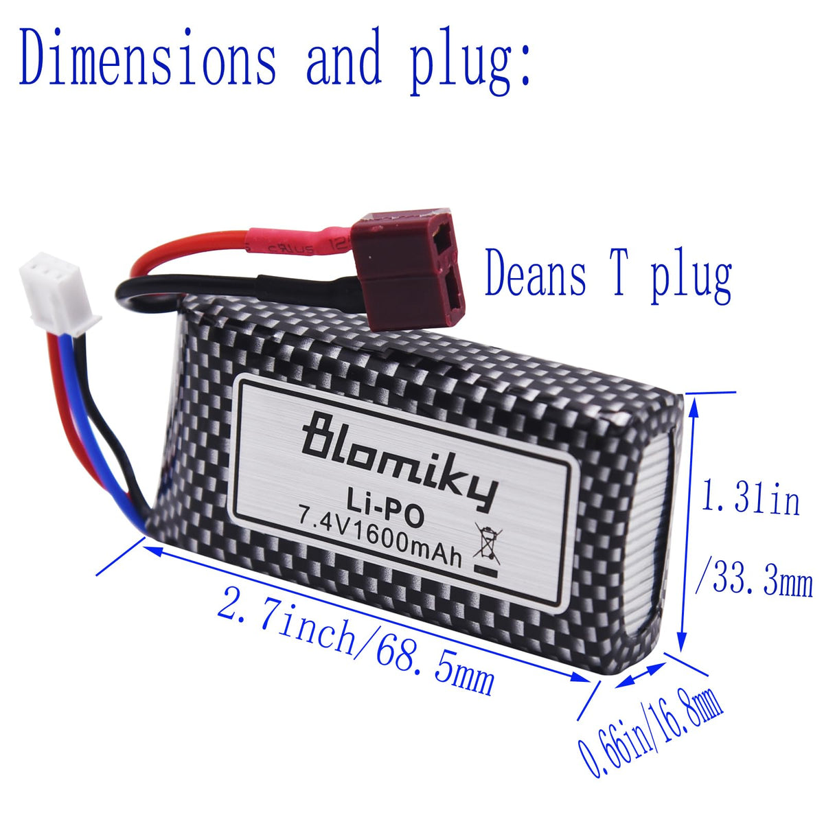 Blomiky battery dimensions showing compact size for tight RC compartments
