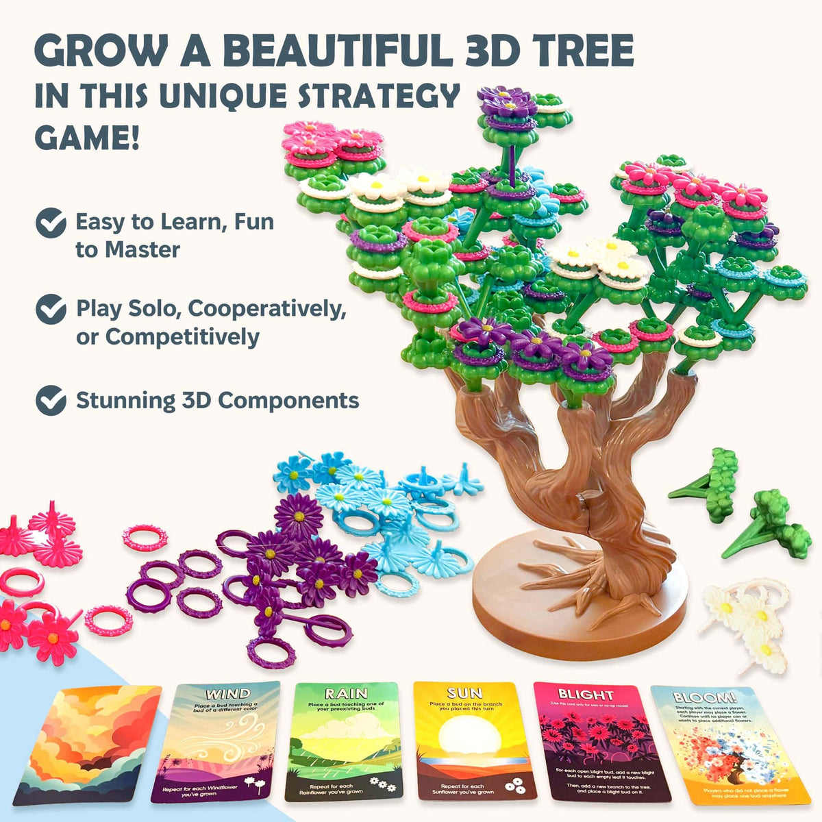 Bloomchasers flower tokens in bright colors adding tactile flair and rewarding combos
