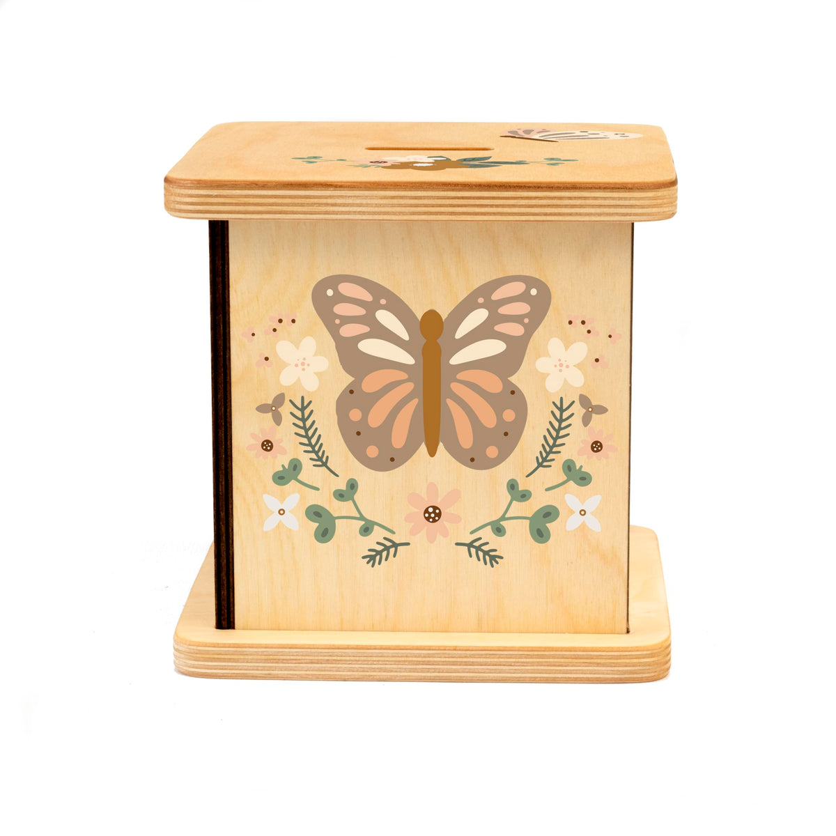 BloomOwl butterfly piggy bank close-up wood texture communicates safety and quality.