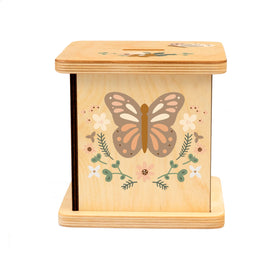 BloomOwl butterfly piggy bank close-up wood texture communicates safety and quality.