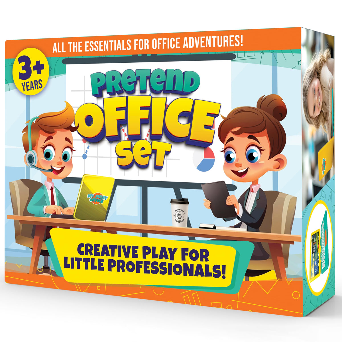 BLOONSY office play scene showing a full home office pretend setup.