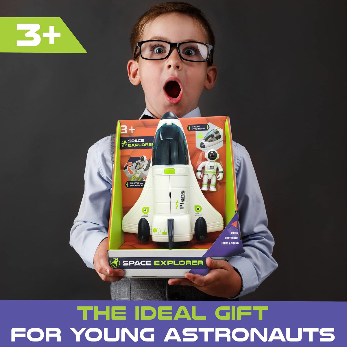 BLOONSY Space Shuttle Toy take-off sounds and tail light enhance realism.