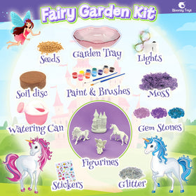 Bloonsy Unicorn Fairy Garden Kit LED glow creates a magical night-lit scene.