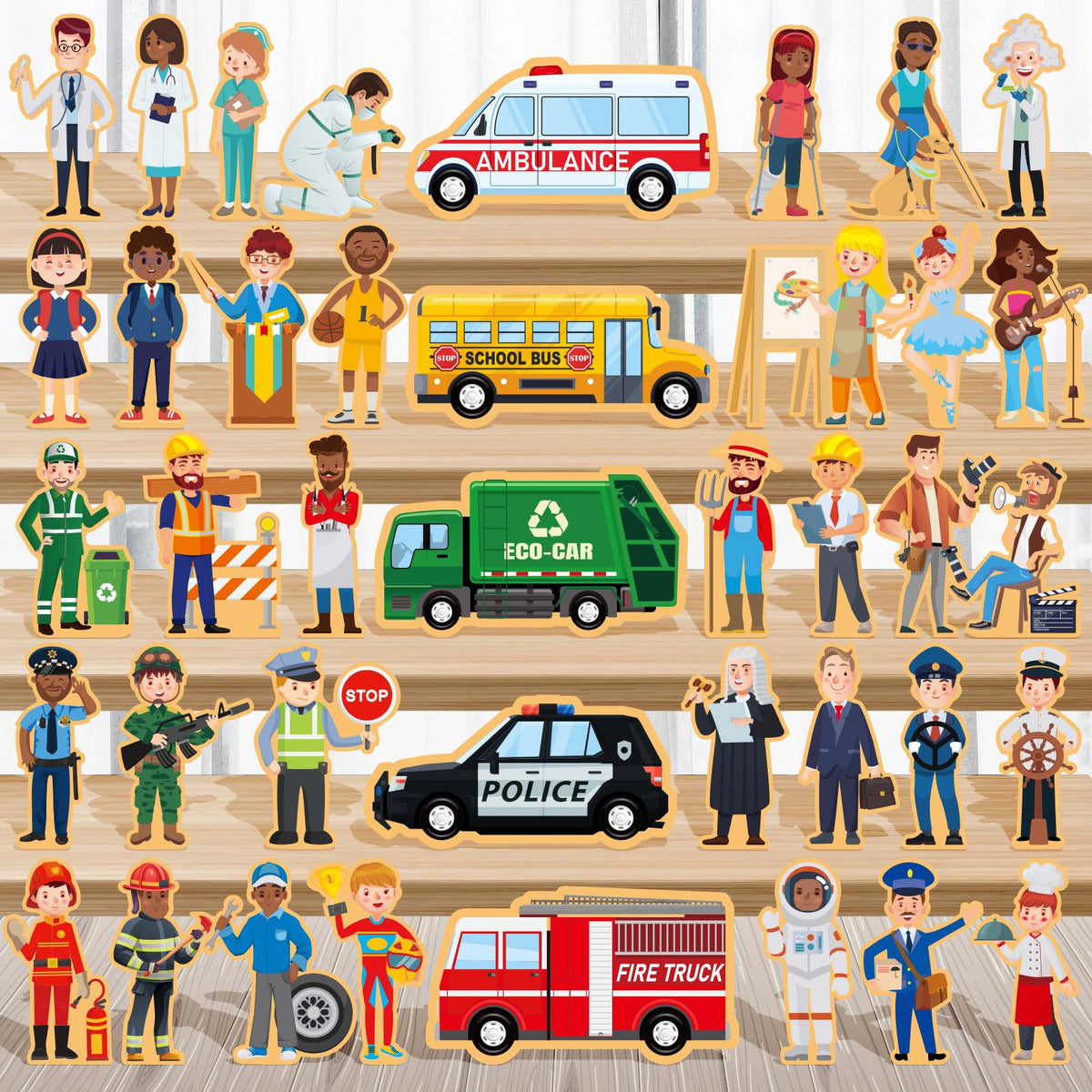 Blosssound wooden community helpers figures in diverse roles inspire imaginative play.