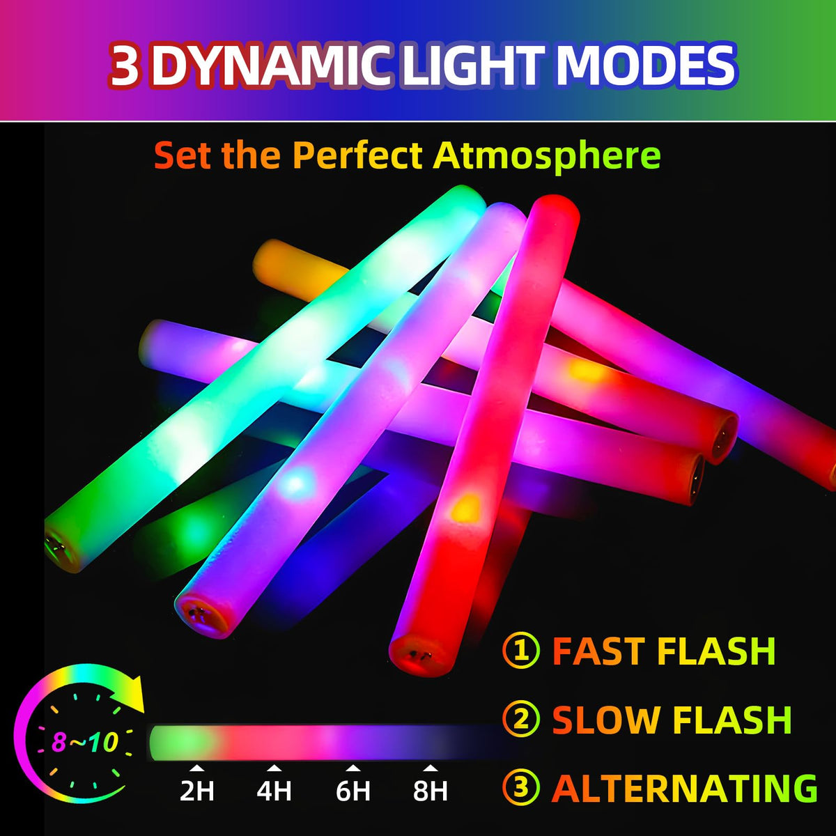 Blu7ive LED glow sticks show three flashing modes for fun.