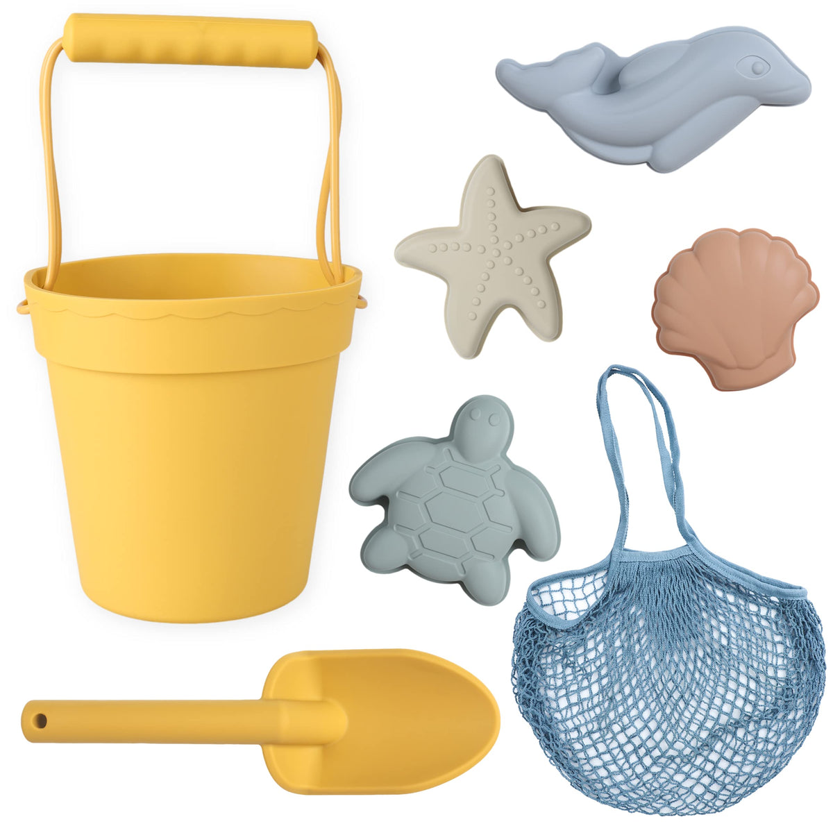 BLUE GINKGO silicone beach bucket on sand for quick, mess-free building