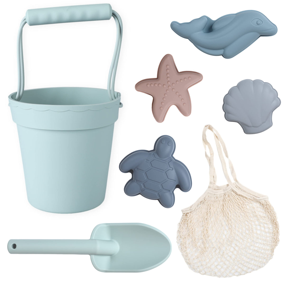 BLUE GINKGO silicone beach toy bucket for easy sand play at the beach.