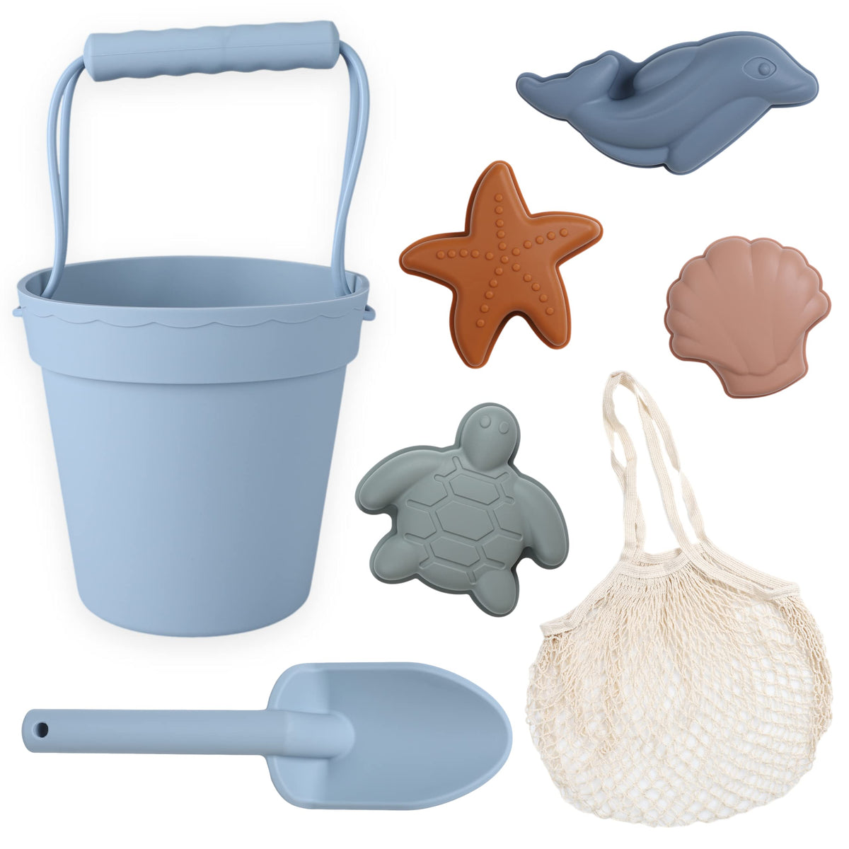 BLUE GINKGO silicone bucket for sand play; compact storage.