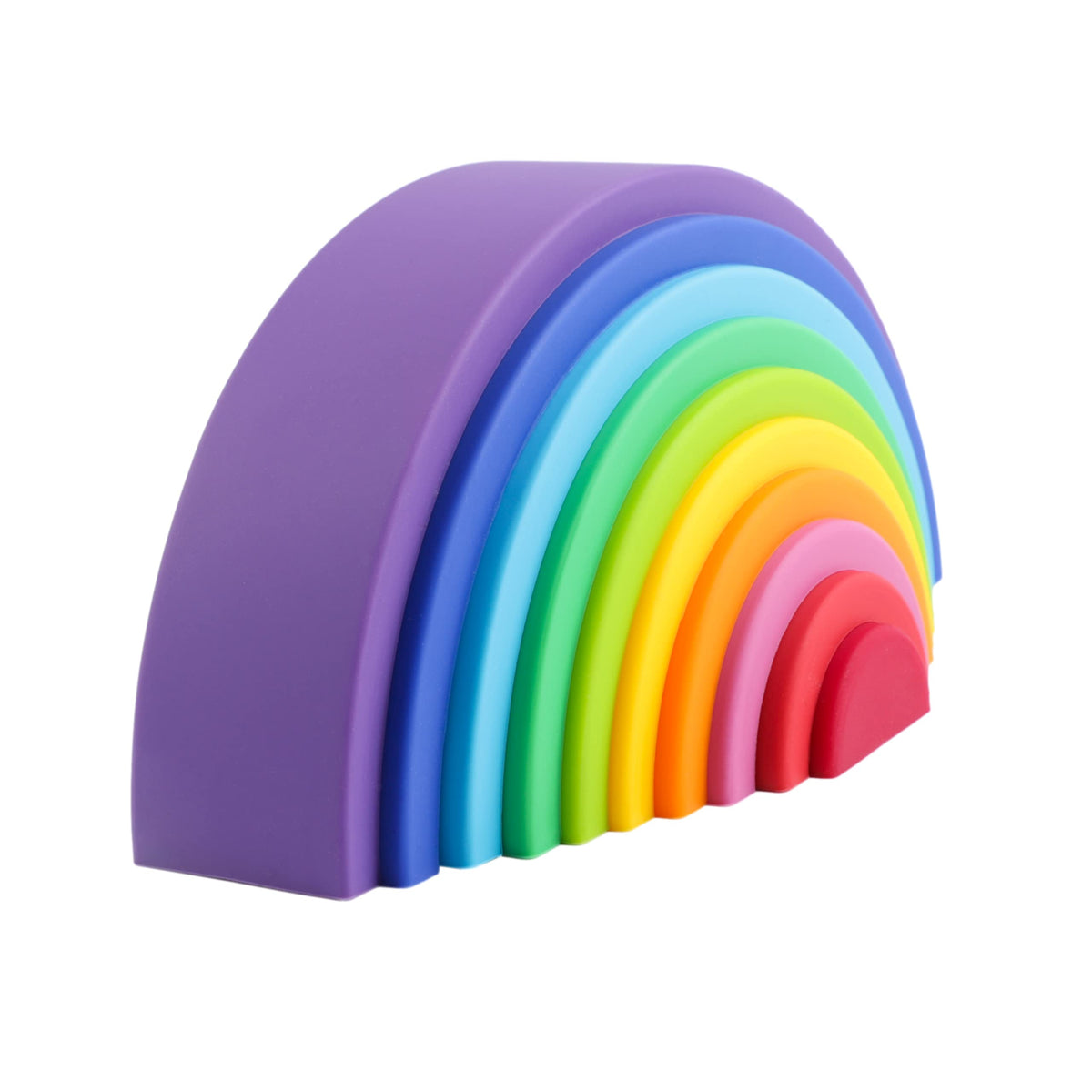 BLUE GINKGO silicone rainbow stacker—colorful 10-layer toy for sensory play and motor skills.