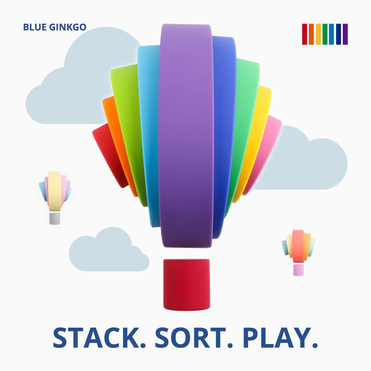 BLUE GINKGO silicone rainbow stacker is easy to clean—dishwasher safe.