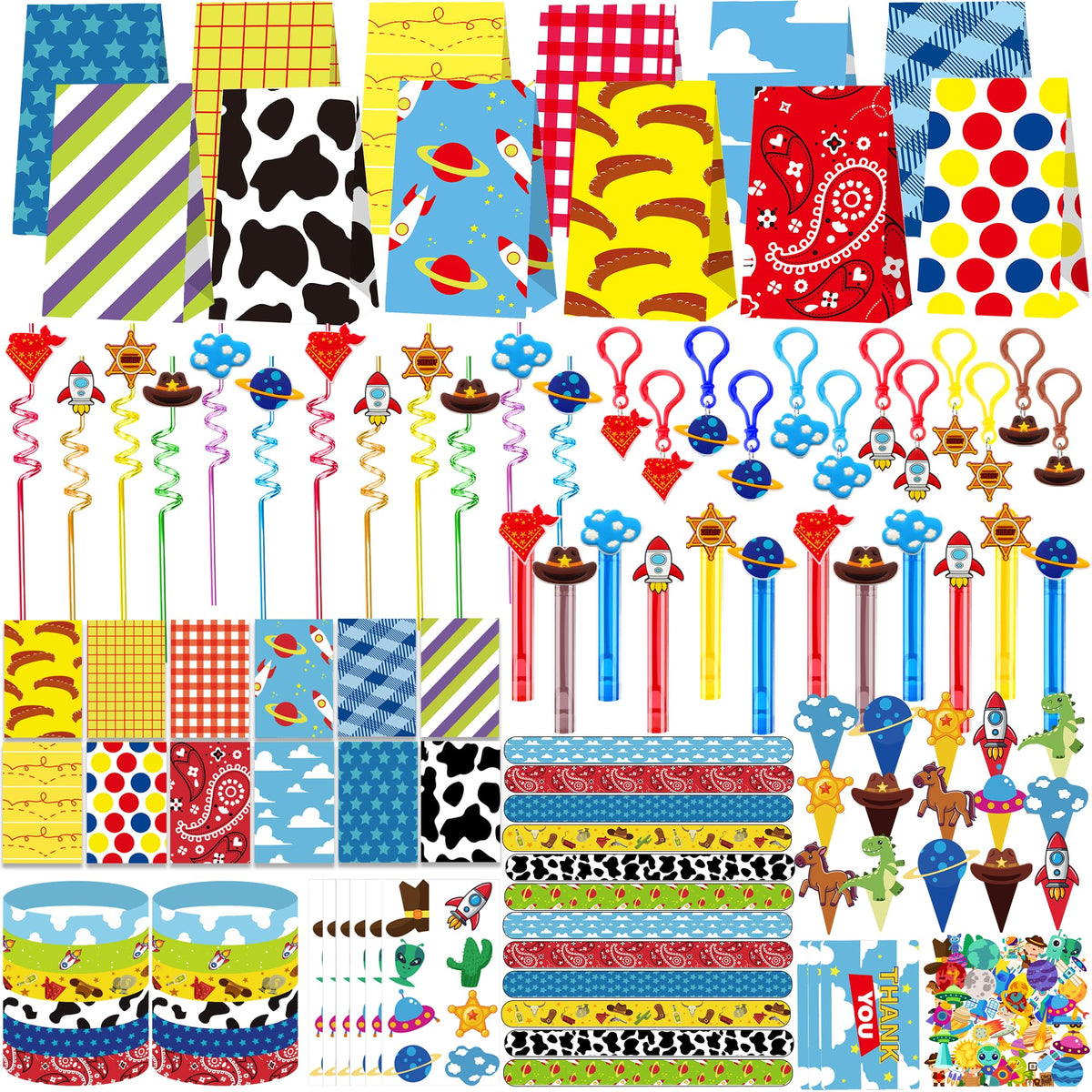 Blue Hydrangea 232-pcs cartoon story favors set for a fun-filled birthday party.