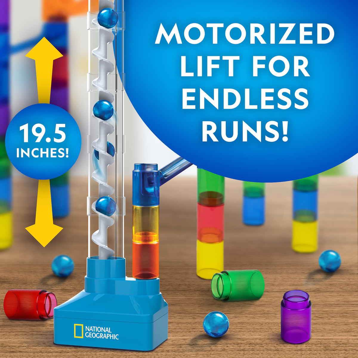 Blue Marble 95-piece kit with 61 construction pieces and 20 marbles ready for instant setup.
