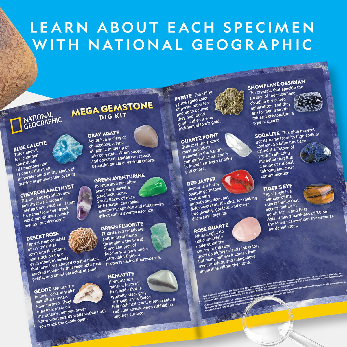Blue Marble gemstone varieties such as tiger's eye and fluorite showcased.