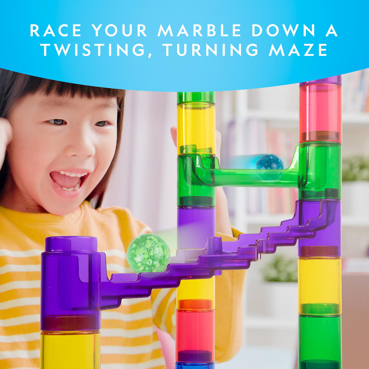 Blue Marble base pieces and tube segments form sturdy, customizable tracks