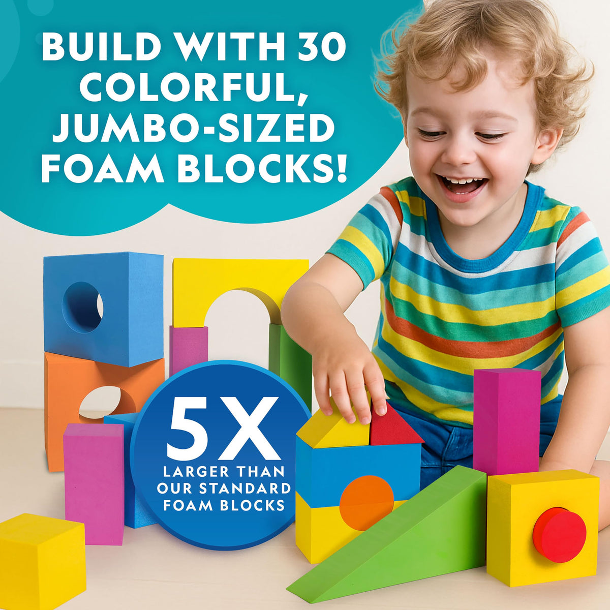 Blue Marble foam blocks in bright colors inspire imaginative towers and creative play.