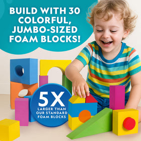 Blue Marble foam blocks in bright colors inspire imaginative towers and creative play.