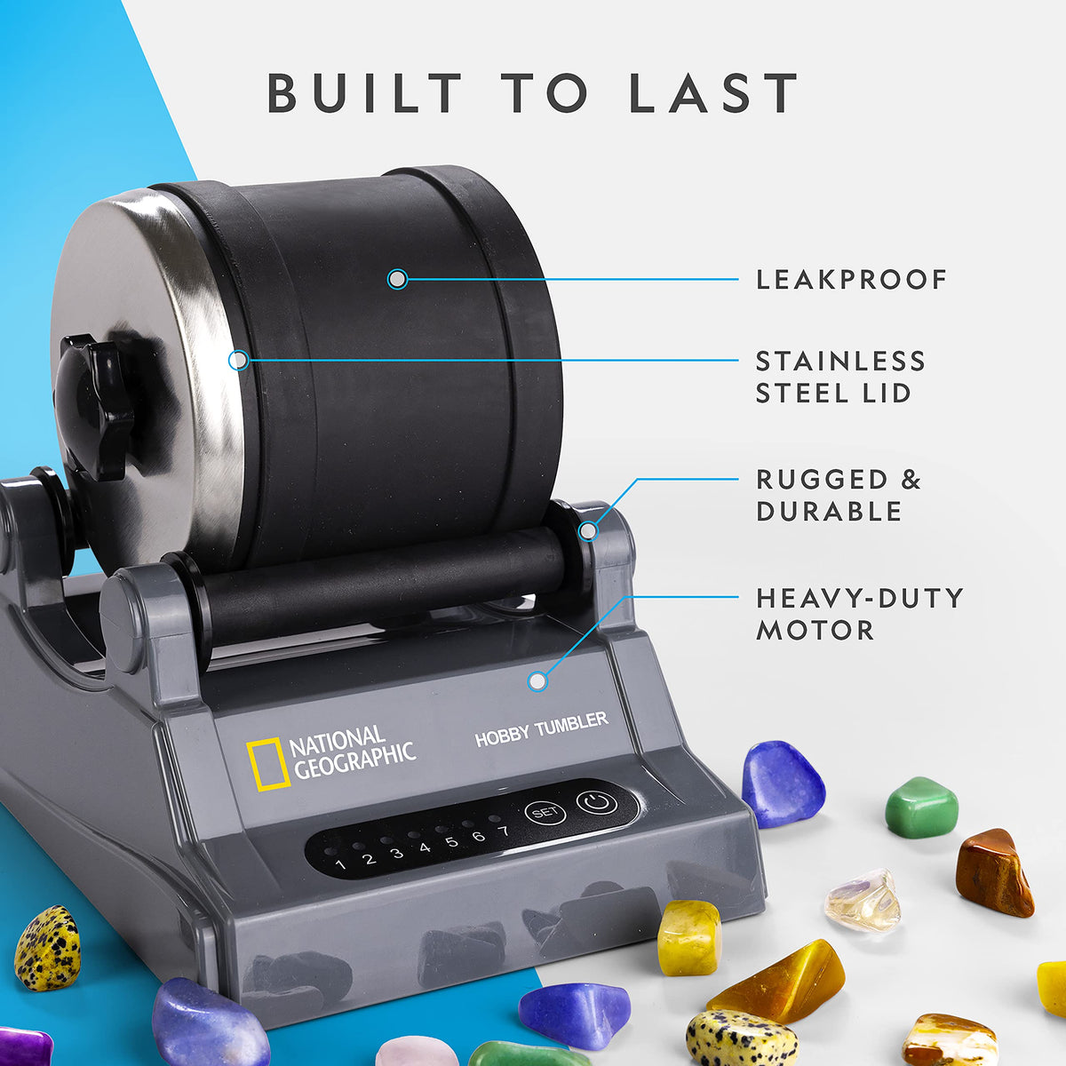 Blue Marble complete kit layout including tumbler, grits, sifter, gemstones, and guide.