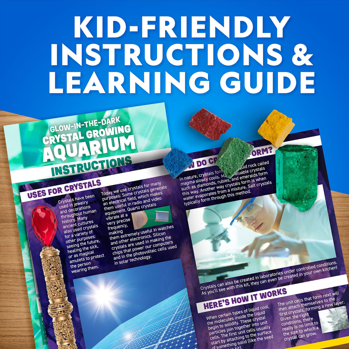 Blue Marble crystal solution and resources included for a complete growing kit.