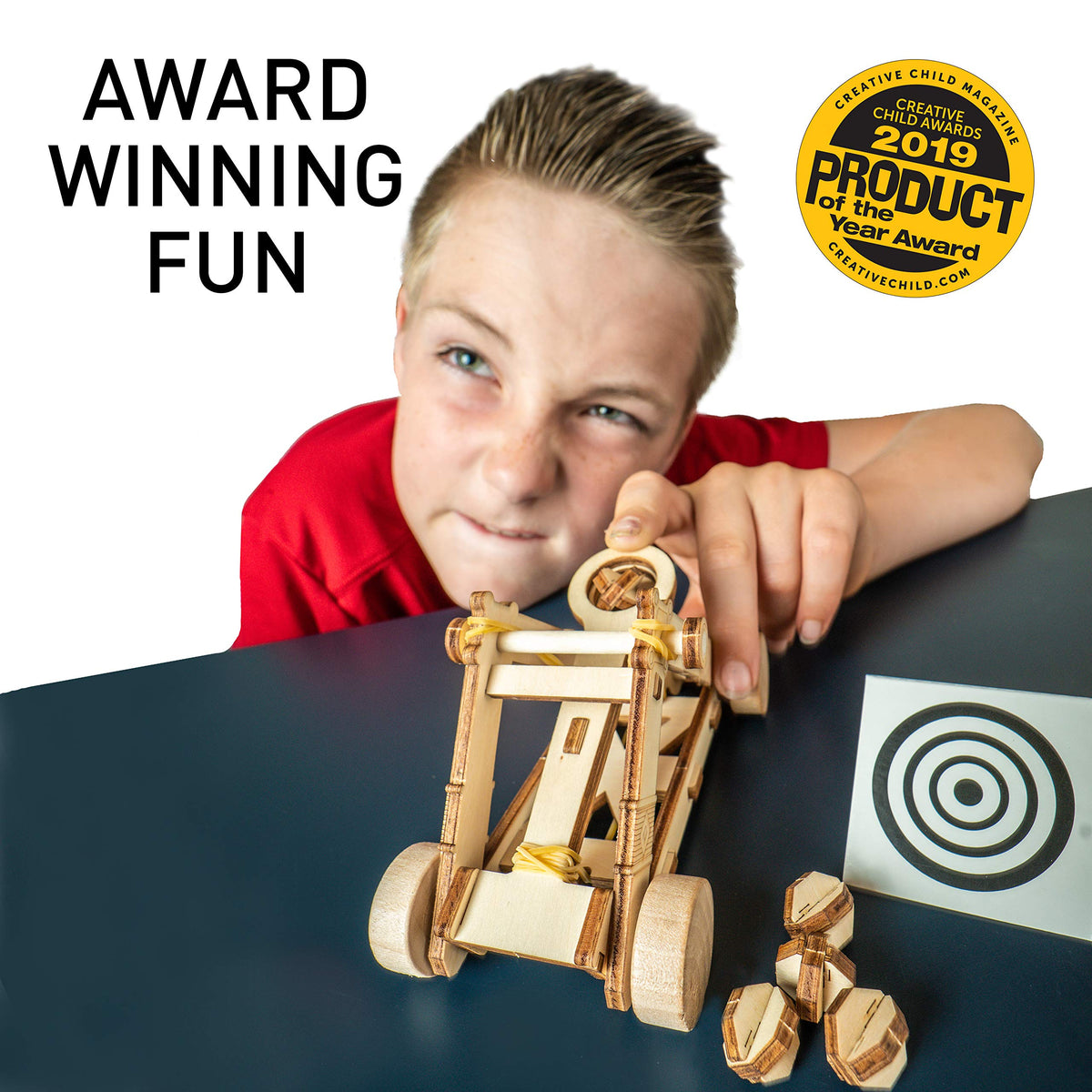 Blue Marble Da Vinci Catapult kit in action for target practice and learning.