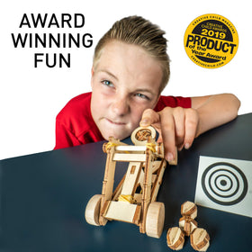 Blue Marble Da Vinci Catapult kit in action for target practice and learning.