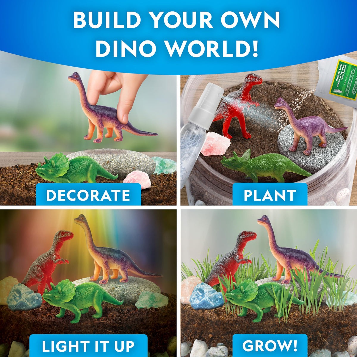 Blue Marble Dinosaur Terrarium dino figurines add playful scale to the habitat