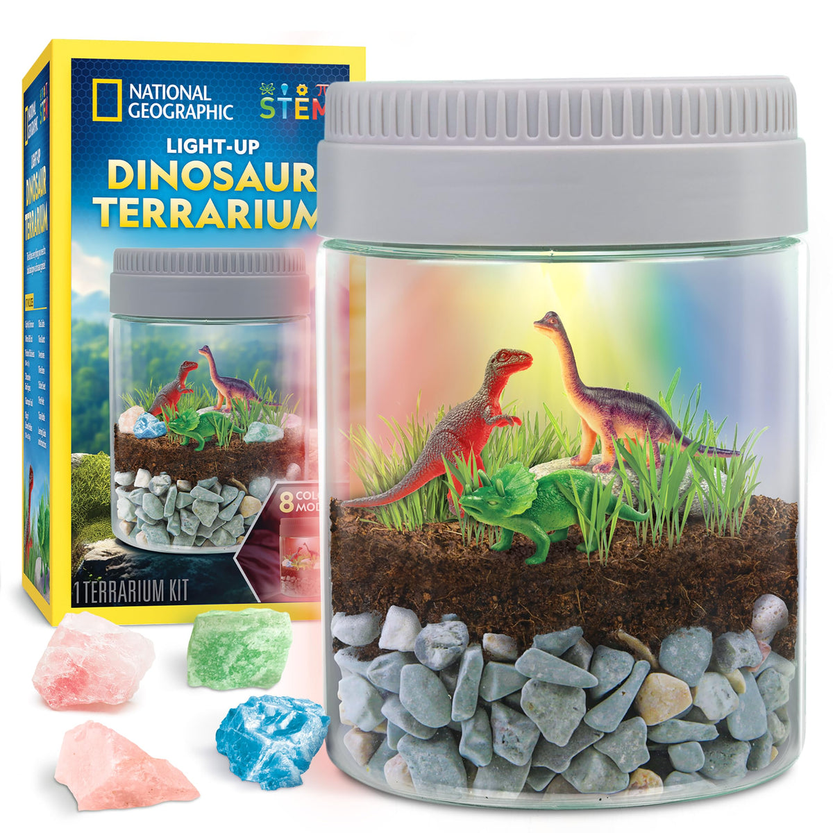 Blue Marble Dinosaur Terrarium lid glows with color for a cozy night light