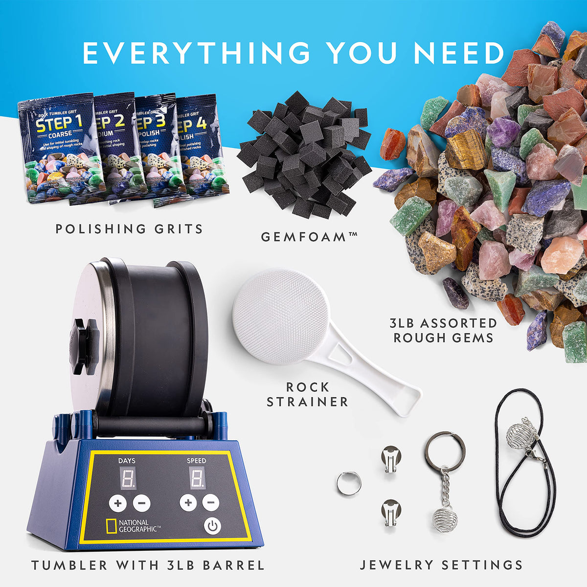 Blue Marble 3 lb extra-large barrel fits more rocks per cycle