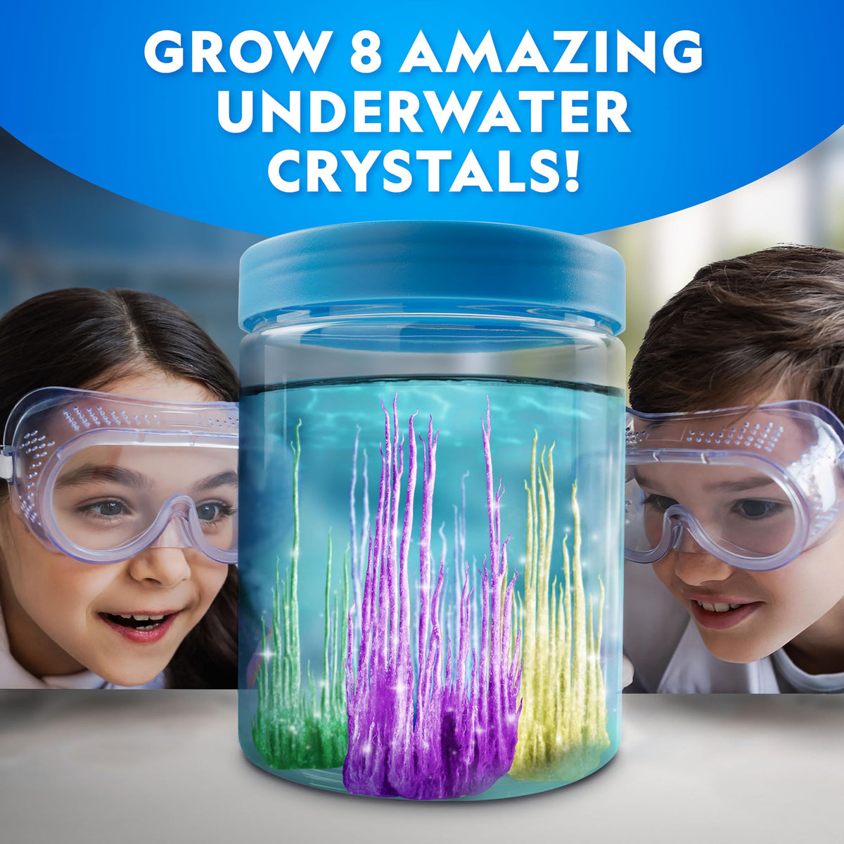 Blue Marble eight-crystal growth stones visible in a clear canister for hands-on learning.