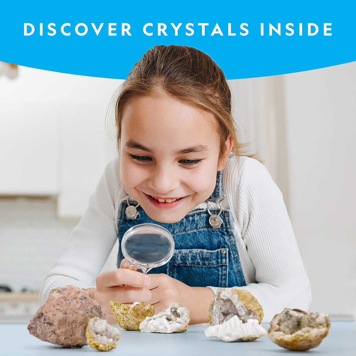 Blue Marble geodes interior crystal variety shown for learning color and pattern differences.