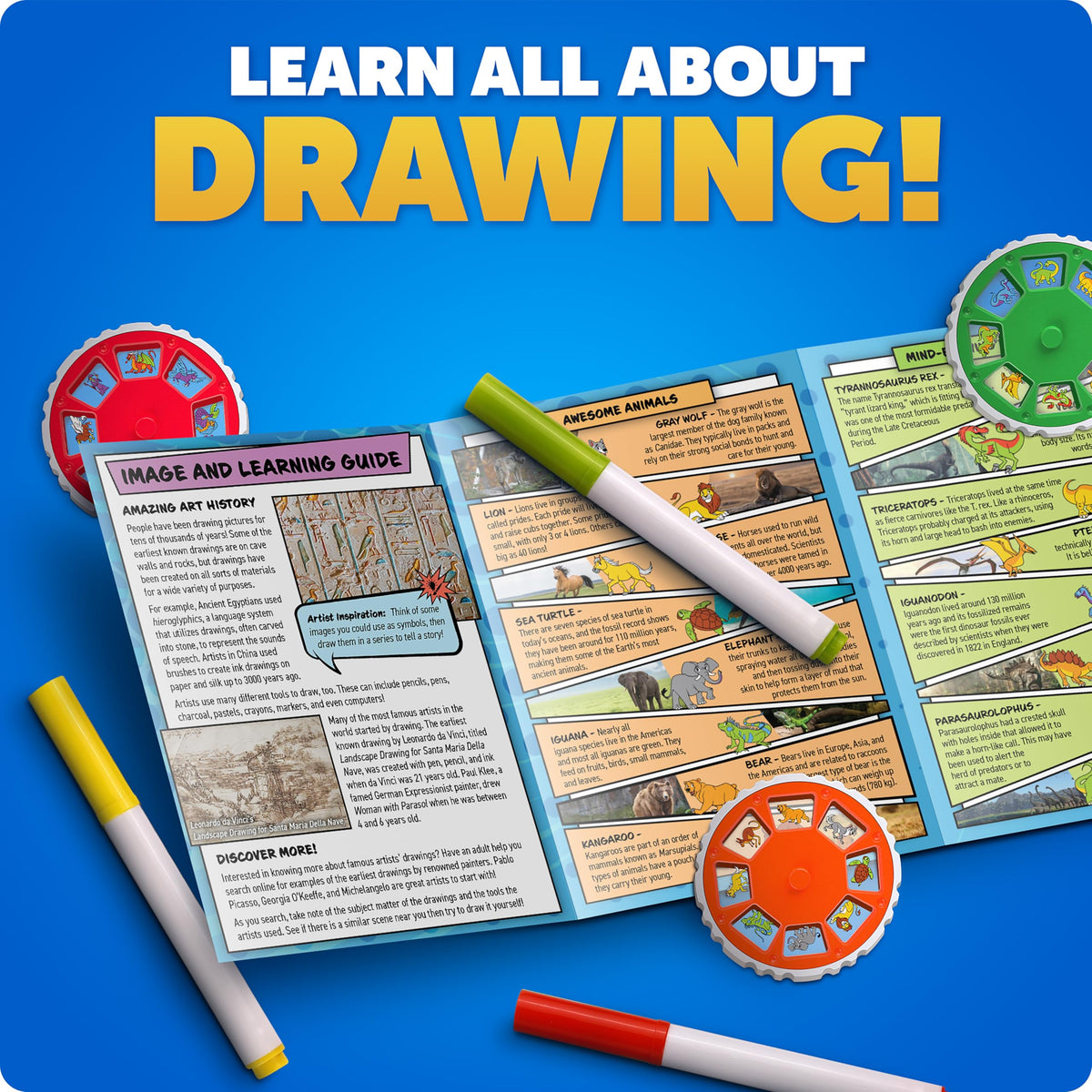 Blue Marble Learn to Draw Projector storage compartments keeps markers and discs organized
