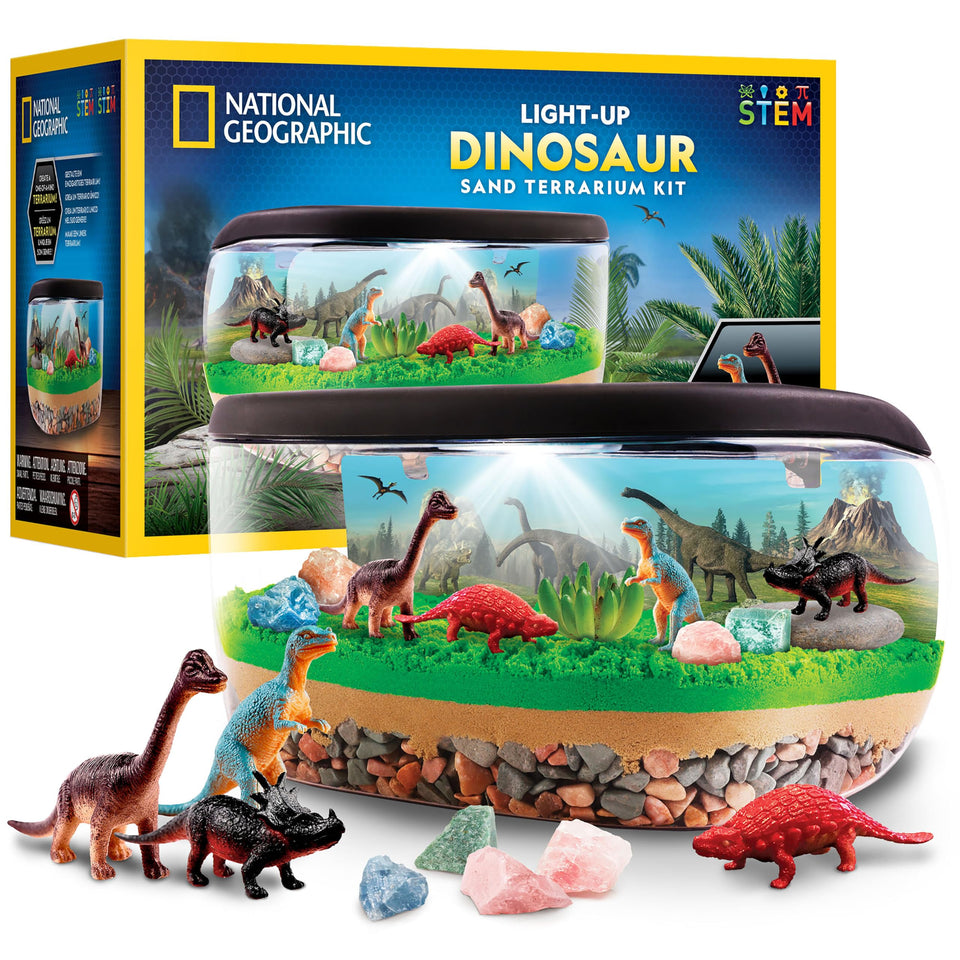 Blue Marble light-up dinosaur terrarium lid illuminating the habitat