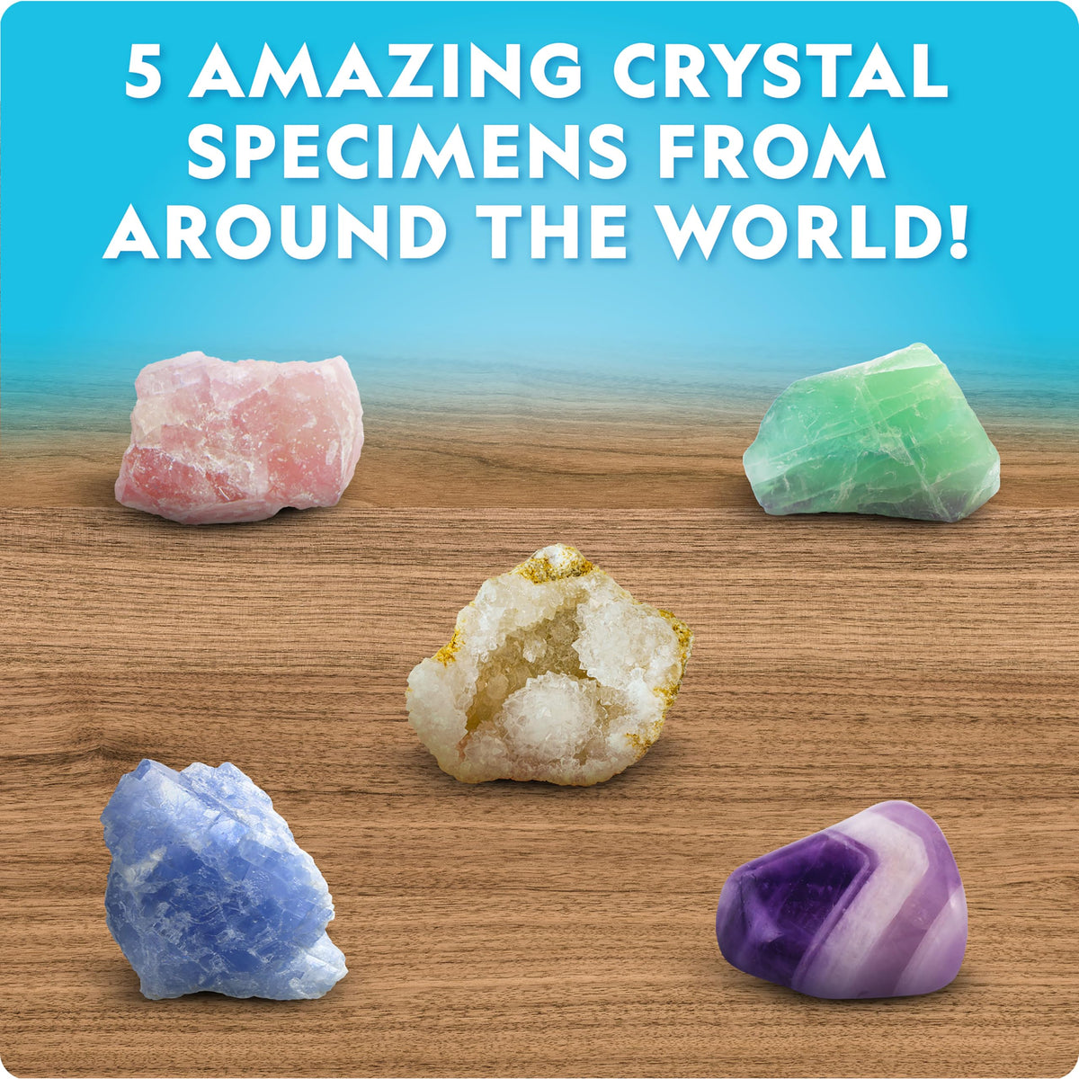 Blue Marble kit includes five real gemstone specimens for hands-on mineral study.