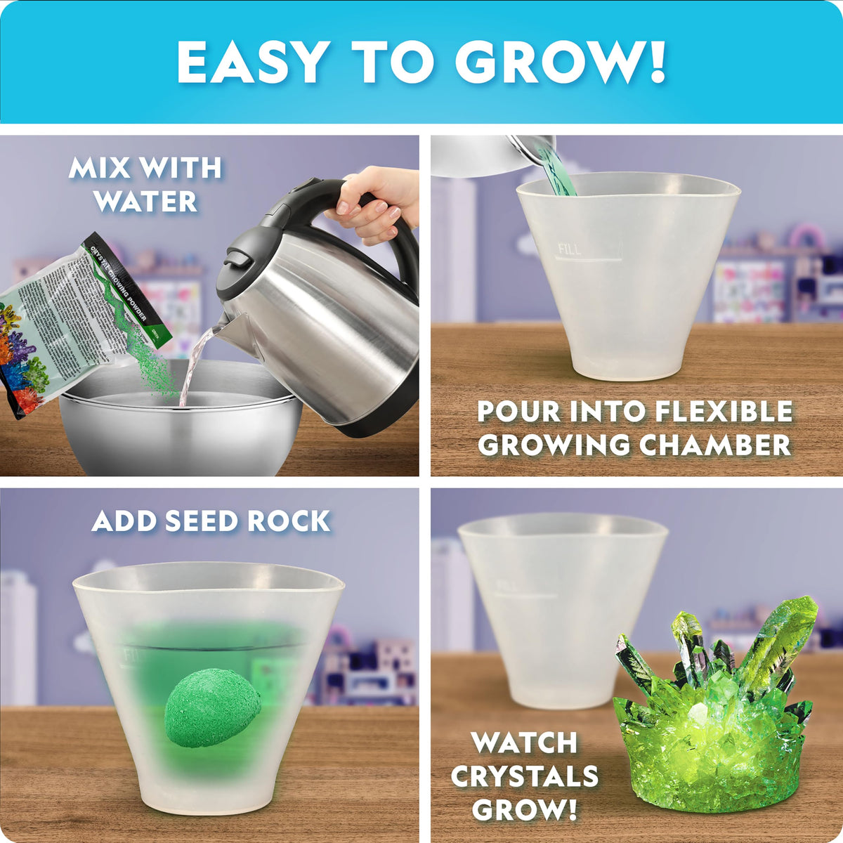 Blue Marble Crystal Growing Kit on USB light-up display highlights finished crystals at night.