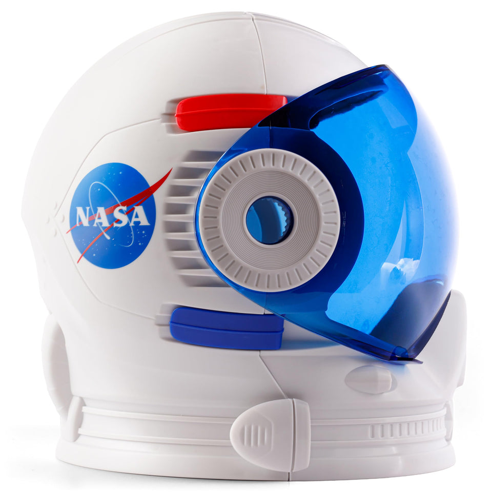 Blue Marble NASA astronaut helmet with a functional visor for interactive play.