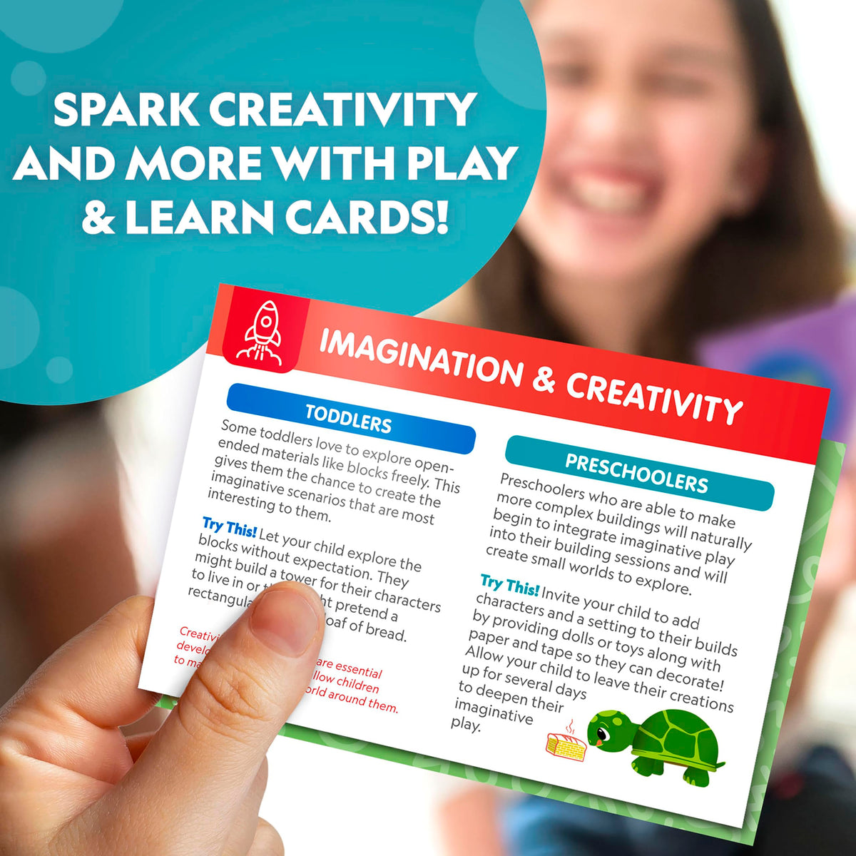 Blue Marble activity cards guide engineering, math, and storytelling prompts during play
