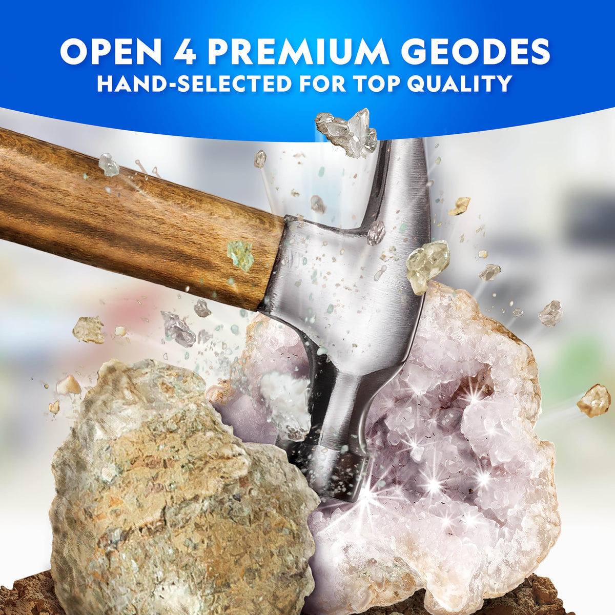 Blue Marble National Geographic geodes kit crystal inside reveal shimmering minerals after break-open.