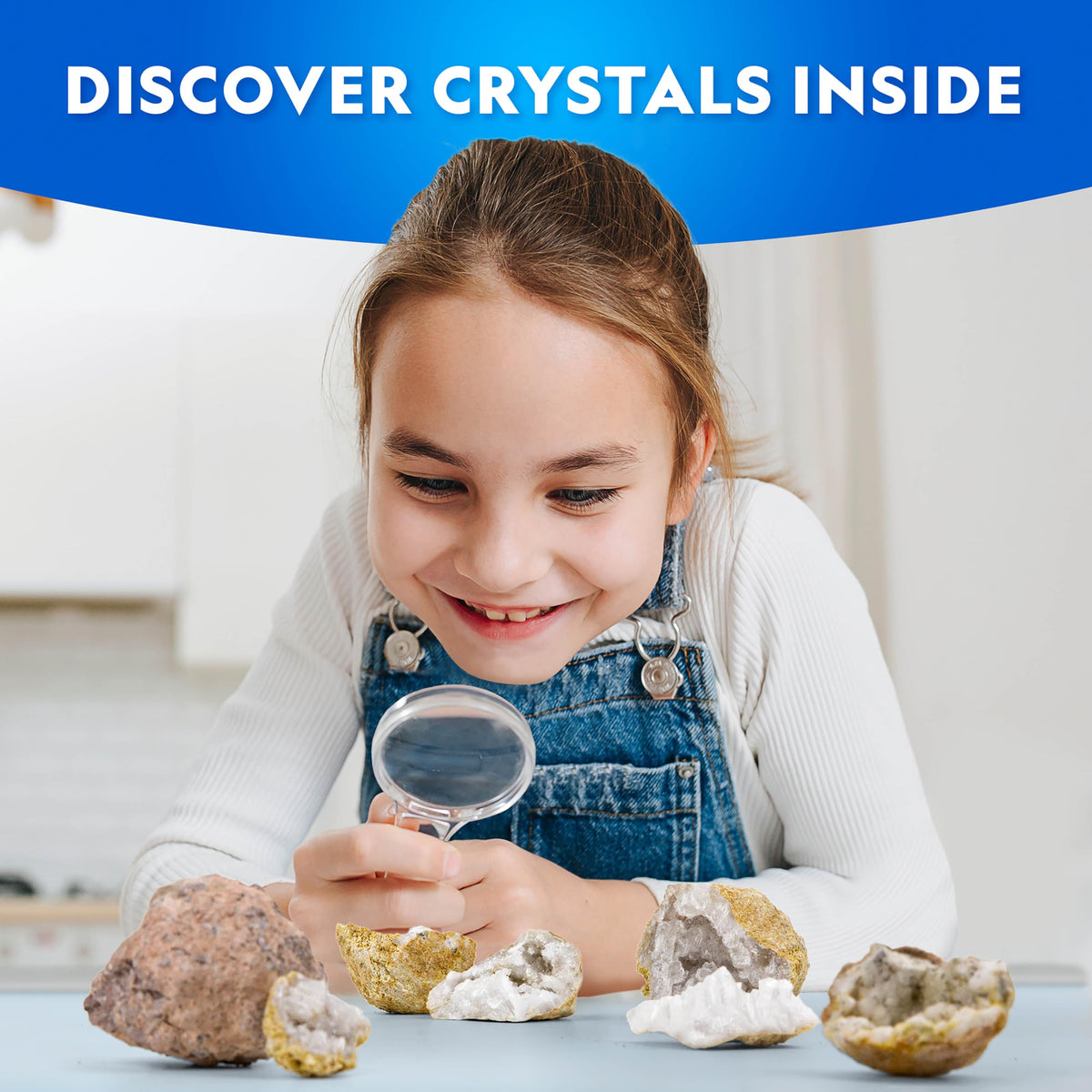 Blue Marble National Geographic geodes kit display stand to showcase crystal finds after experiments.