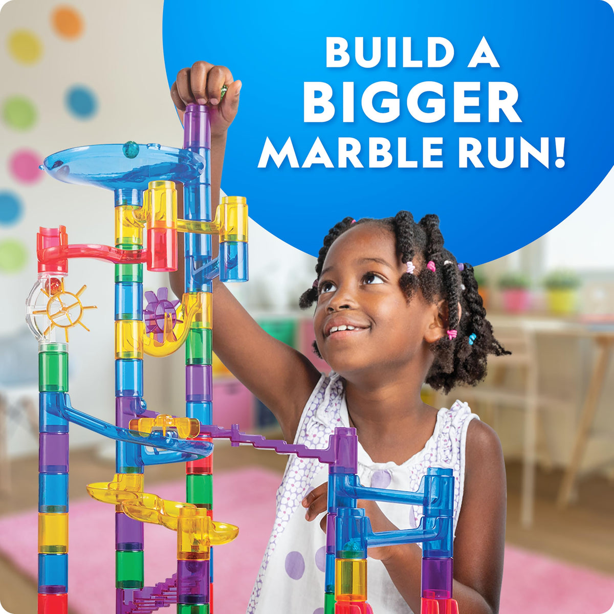 Blue Marble National Geographic construction pieces support sturdy, expandable marble runs.